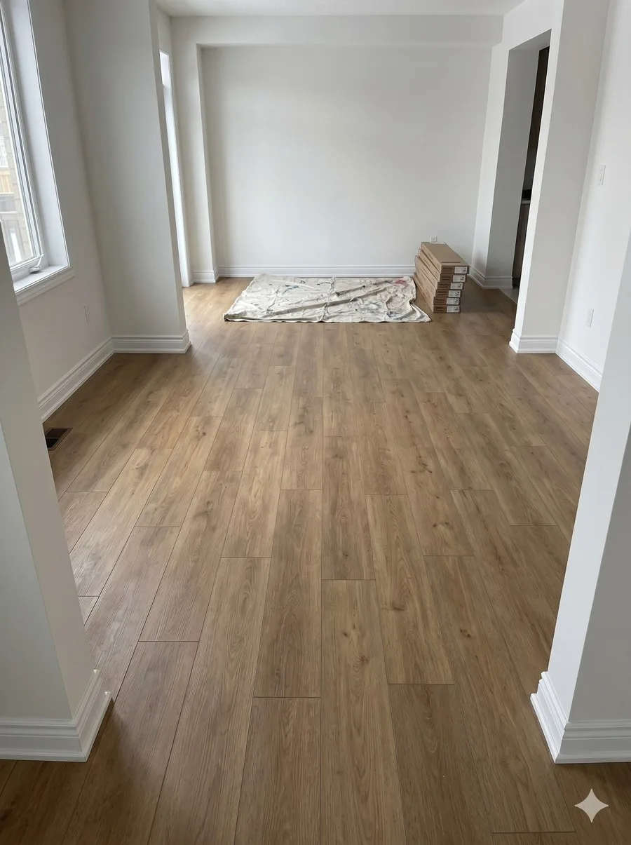 Same room with freshly installed luxury vinyl plank flooring in warm oak finish, baseboards reinstalled