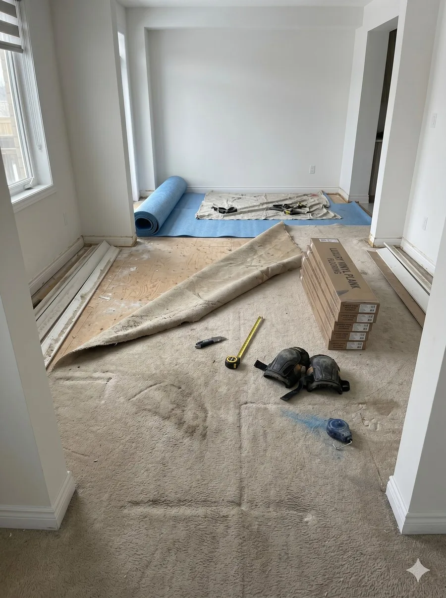Living room mid-flooring installation, old carpet pulled back with subfloor and underlayment exposed, vinyl plank boxes ready